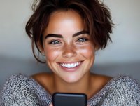 Young mixed race woman with freckles and bright smile looking at smartphone screen, wearing cozy gray sweater. Natural beauty portrait with soft lighting.