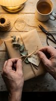 Caucasian male hands holding kraft paper gift box with eucalyptus leaves and tag reading "for you" on wooden table with coffee mug, bananas, twine and scissors for gift wrapping projects.