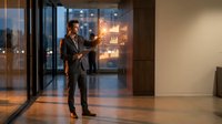 Professional businessman in suit interacting with futuristic holographic interface displaying data analytics and charts in modern office environment.