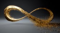 Golden infinity symbol with sparkling particles and glowing effects on dark background for luxury branding and eternal concepts.