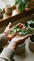 Hands gently holding fresh green plant leaves in cozy indoor setting with potted plants and ceramic cups on wooden shelf in background.