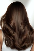 Luxurious brown hair with soft waves and glossy shine, viewed from behind against white background. Ideal for hair care advertising.