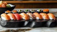 Fresh salmon nigiri sushi set served on black stone plate with caviar and garnish, traditional Japanese cuisine arranged in restaurant style presentation.