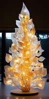 Illuminated white paper leaf tree with warm glowing lights creates magical holiday atmosphere, modern artistic Christmas decoration on dark background.