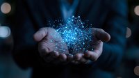 Glowing blue digital network floating above cupped hands against dark background, representing technology innovation and digital transformation concept.