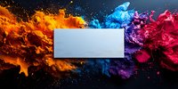 Abstract composition with metallic rectangle frame surrounded by explosive colorful paint splashes in orange, blue and red on dark background.