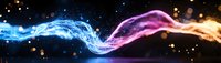Vibrant energy waves in blue and pink intertwine against dark background with glowing particles, creating dynamic flowing motion effect for abstract design projects.