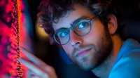 Young bearded man in glasses illuminated by vibrant neon red and blue lights looking at glowing screen, creating dramatic cyberpunk atmosphere for technology concepts.
