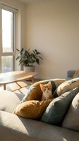 Cute ginger kitten peeking from cozy sofa cushions in a bright modern living room with natural sunlight and indoor plants.