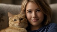 Young Caucasian woman with blonde hair wearing blue sweater smiling while cuddling with ginger cat on grey couch, expressing joy and companionship with pet.