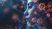 Young Asian woman profile with glowing orange neural network patterns and particles emerging from face against dark blue background with bokeh light effects.