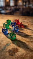 Colorful polyhedral dice set on wooden table in cozy pub atmosphere for tabletop gaming and role-playing adventures.