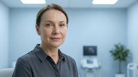 Professional middle-aged Caucasian businesswoman in gray shirt smiling confidently in modern office environment with medical equipment background.