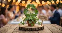 Green recycling symbol with plant on wooden slice at sustainable celebration event with warm bokeh lights background for eco-friendly corporate gatherings.