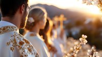 Young Caucasian couple in traditional embroidered clothing standing together at sunset, with cross silhouette and blossoming tree branches in soft golden light.