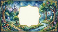 Enchanted fairy tale forest frame with magical castle, crescent moon and stars. Fantasy woodland border with ornate golden details for storytelling designs.