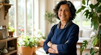 Middle-aged woman with dark wavy hair and olive complexion, wearing navy blue sweater, standing with arms crossed in bright home office surrounded by potted plants and natural light from windows.