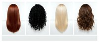 Four different women's wigs in various styles and colors including red straight, black curly, blonde straight and brown wavy hair isolated on white.
