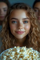 Young blonde woman with curly hair enjoying fresh popcorn at cinema with friends in background for entertainment and leisure concepts.