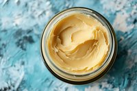 Creamy peanut butter in glass jar on turquoise marble surface. Natural organic spread for breakfast, snacking and cooking recipes.
