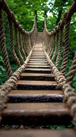 Wooden rope bridge stretches through green forest canopy, adventure pathway with sturdy planks and twisted rope railings leading into lush wilderness.