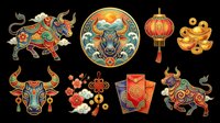Chinese New Year ox zodiac clipart set, isolated on transparent background. Includes lantern, gold ingots, red envelope, lucky knot. Great for T-shirts, stickers, print on demand.