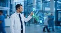 Male doctor in white coat interacting with futuristic holographic health data analytics interface in modern medical facility for digital healthcare technology.