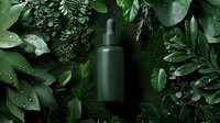 Green cosmetic bottle with dropper on dark background surrounded by wet tropical leaves and water drops. Natural skincare product photography layout.