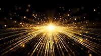 Radiant golden light rays burst from center point with glowing particles and streaks against dark background creating magical atmospheric effect.