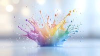 Vibrant rainbow color splash explosion with dynamic paint droplets and splashes creating artistic burst effect on reflective surface.