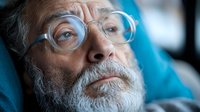 Senior Caucasian man with white beard and round glasses gazing thoughtfully upward while resting on blue pillow, close-up portrait showing wisdom and contemplation.
