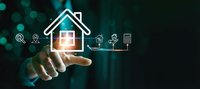 Smart home technology concept with hand touching digital house icon connected to IoT devices on dark background with glowing bokeh lights for modern automation.