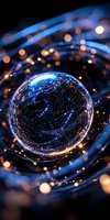Glowing sphere with network connections surrounded by blue light trails and bokeh effects creates futuristic technological atmosphere for business concepts.
