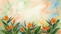 Watercolor bird of paradise flowers with lush green leaves on a soft pastel background, perfect for tropical greeting cards and wall art.