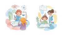Young students learning science with teacher in classroom setting. Educational scenes showing children studying chemistry and biology with books and experiments.