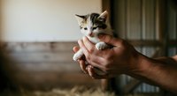 Young tabby kitten with white markings held gently in adult male hands, showing affection and care. Suitable for pet adoption, animal welfare, and family content.