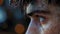 Close up view of eye with water drops and bokeh lights reflecting on wet skin, creating atmospheric moody portrait with natural moisture and dramatic lighting effects.