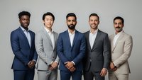 Five diverse professional businessmen in suits standing together against neutral background representing corporate teamwork and leadership success.
