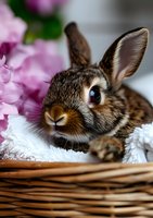 Adorable brown bunny rabbit resting in wicker basket with white blanket, pink flowers in background. Close-up portrait showing bright blue eyes and soft fur.