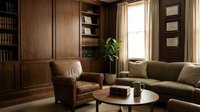 Elegant home library interior with leather armchair, green sofa, wooden bookshelves, and warm natural lighting creating cozy reading atmosphere for relaxation.