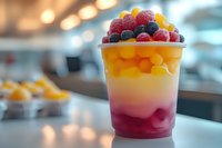 Colorful layered smoothie bowl topped with fresh mixed berries including strawberries, blueberries and raspberries in modern cafe setting.