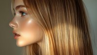 Side profile of young Caucasian woman with glowing blonde hair and natural makeup in warm lighting, highlighting smooth skin texture and soft features.