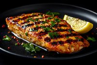 Grilled salmon fillet with charred grill marks, fresh herbs, and lemon wedge garnish on black plate against dark background. Juicy fish steak with spices.