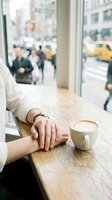 Couple holding hands at cafe table with coffee cup, urban street view through window, romantic date concept for lifestyle and relationship content.