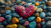 Red cracked heart-shaped stone among colorful smooth river rocks and pebbles. Concept of love, romance, healing and emotional resilience.