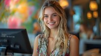 Young blonde Caucasian businesswoman smiling at camera in modern office with colorful bokeh background. Professional female entrepreneur working at desk.