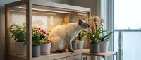 Fluffy Siamese cat exploring an indoor plant shelf with orchids and tropical houseplants under grow lights in a modern bright interior.