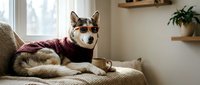 Adorable Shiba Inu dog wearing cozy knitted sweater relaxing on comfortable beige sofa in bright modern living room with natural light and houseplants.