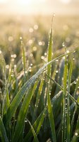 Fresh green grass blades covered with morning dew drops sparkling in golden sunlight with soft bokeh background creating peaceful natural atmosphere.