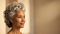Mature woman with gray curly hair and warm smile, looking to the side in soft natural lighting, representing confidence and elegance for mature beauty and wellness content.